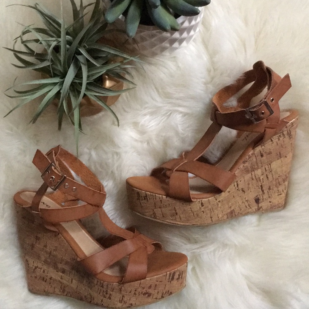 Strappy cork wedge platforms